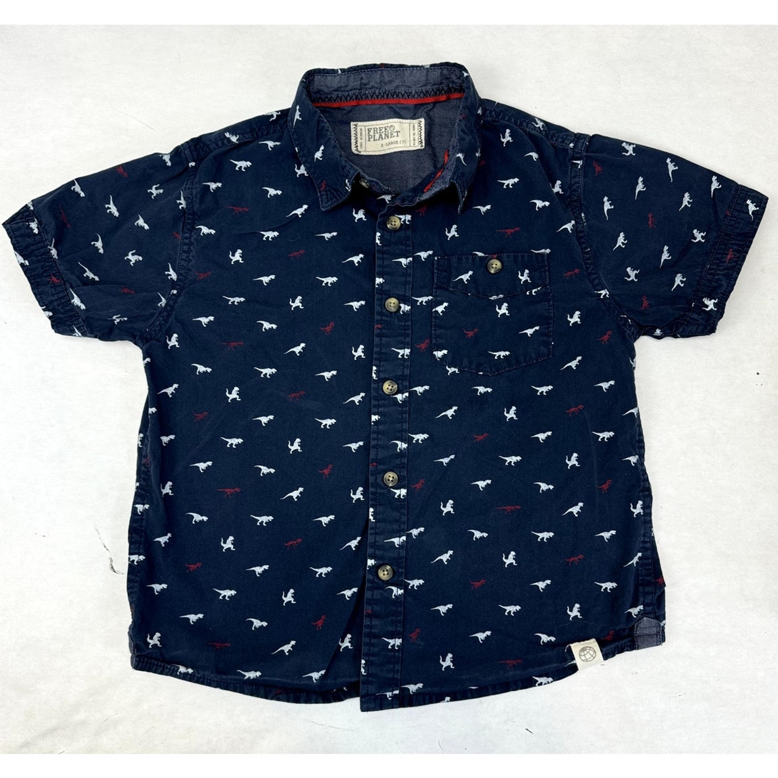 Dinosaur T-Rex Print Free Planet Button Down Short Sleeve Shirt - Boys Size 7