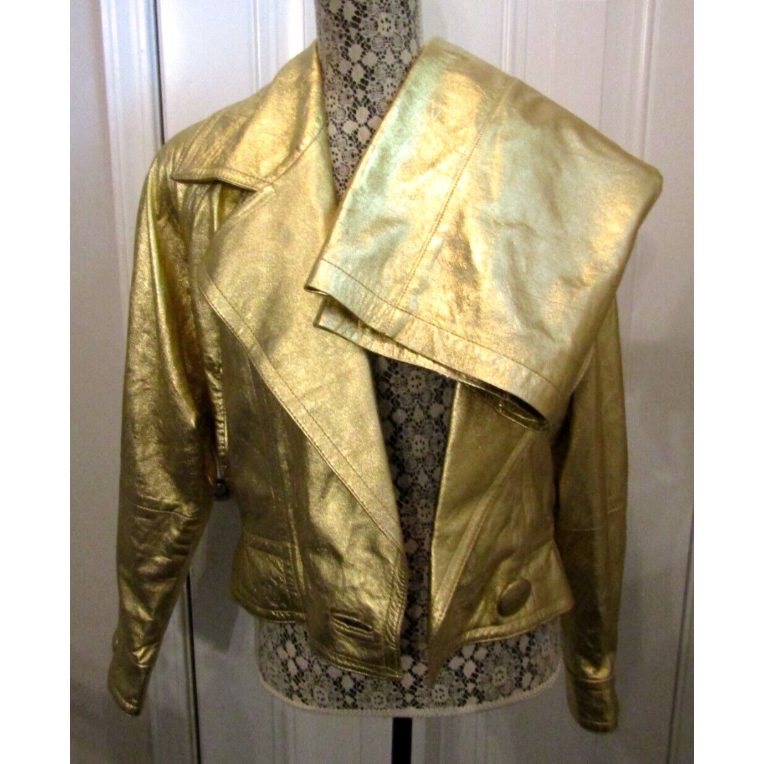 Vtg Lillie Rubin Exclusive Metallic Gold Leather Moto Jacket Skirt Set Sz 10-14