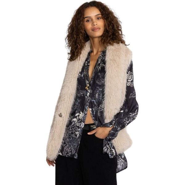 Johnny Was Workshop The Topper Faux Fur Vest Size M Tan Layering Silk Luxury