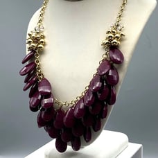 Dramatic Vintage Plum Teardrop Necklace, Gold Tone Chain Layered Faceted Deep