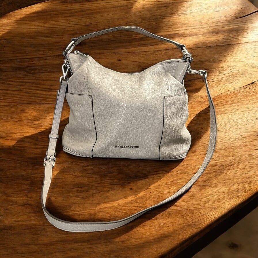 Michael Kors Anita Gray Pebbled Leather Hobo Shoulder Bag Large Classic Logo.
