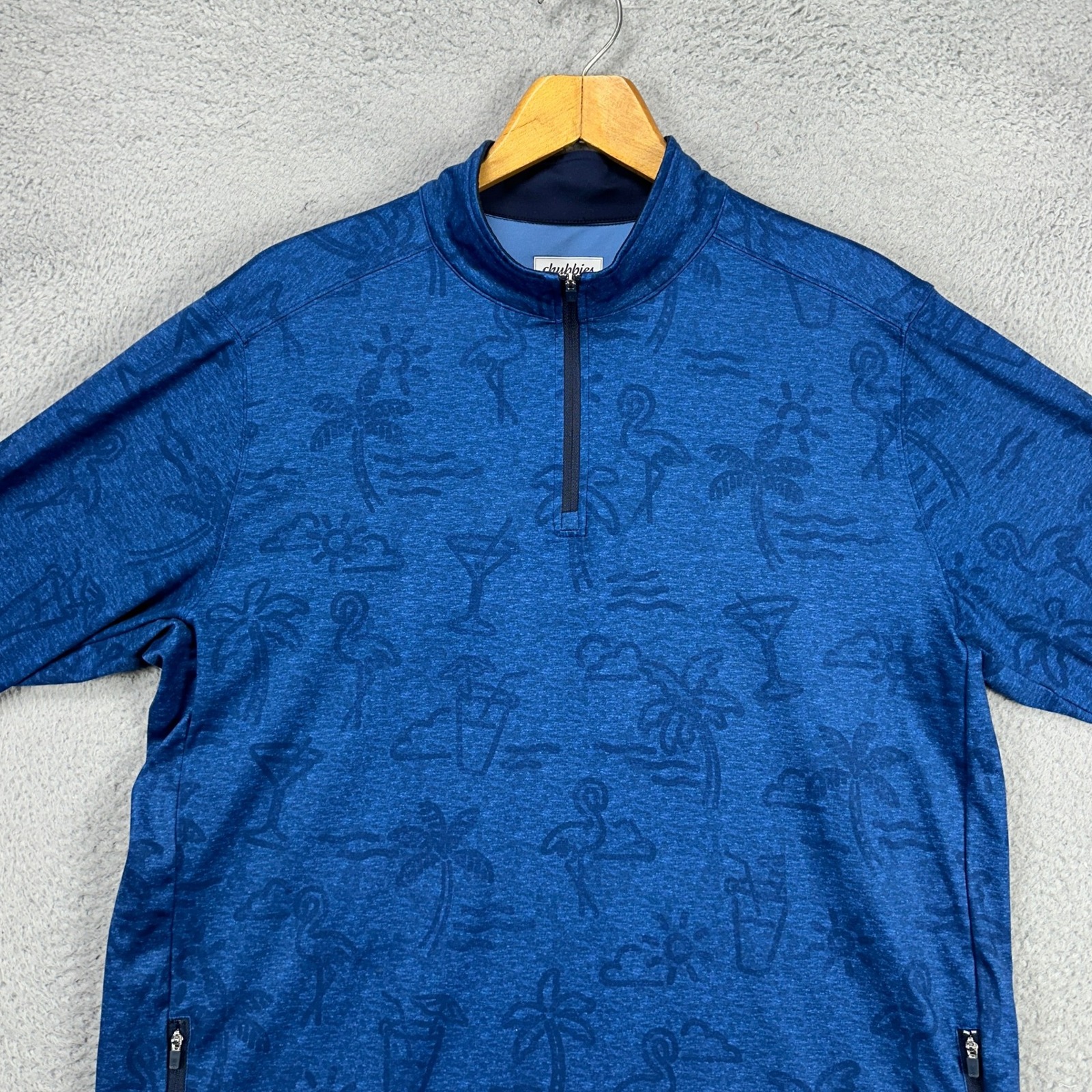 Chubbies Mens Pullover Shirt Large Blue Tropical Quarter Zip Activewear Stretch