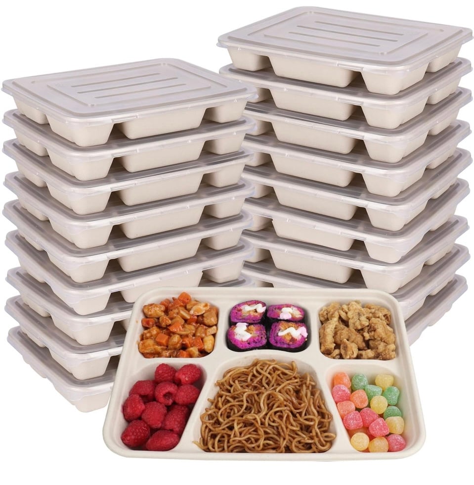 Sugarcane Fiber 40 oz 6 Compartments disposable plates with Lids 25 PackFreezer