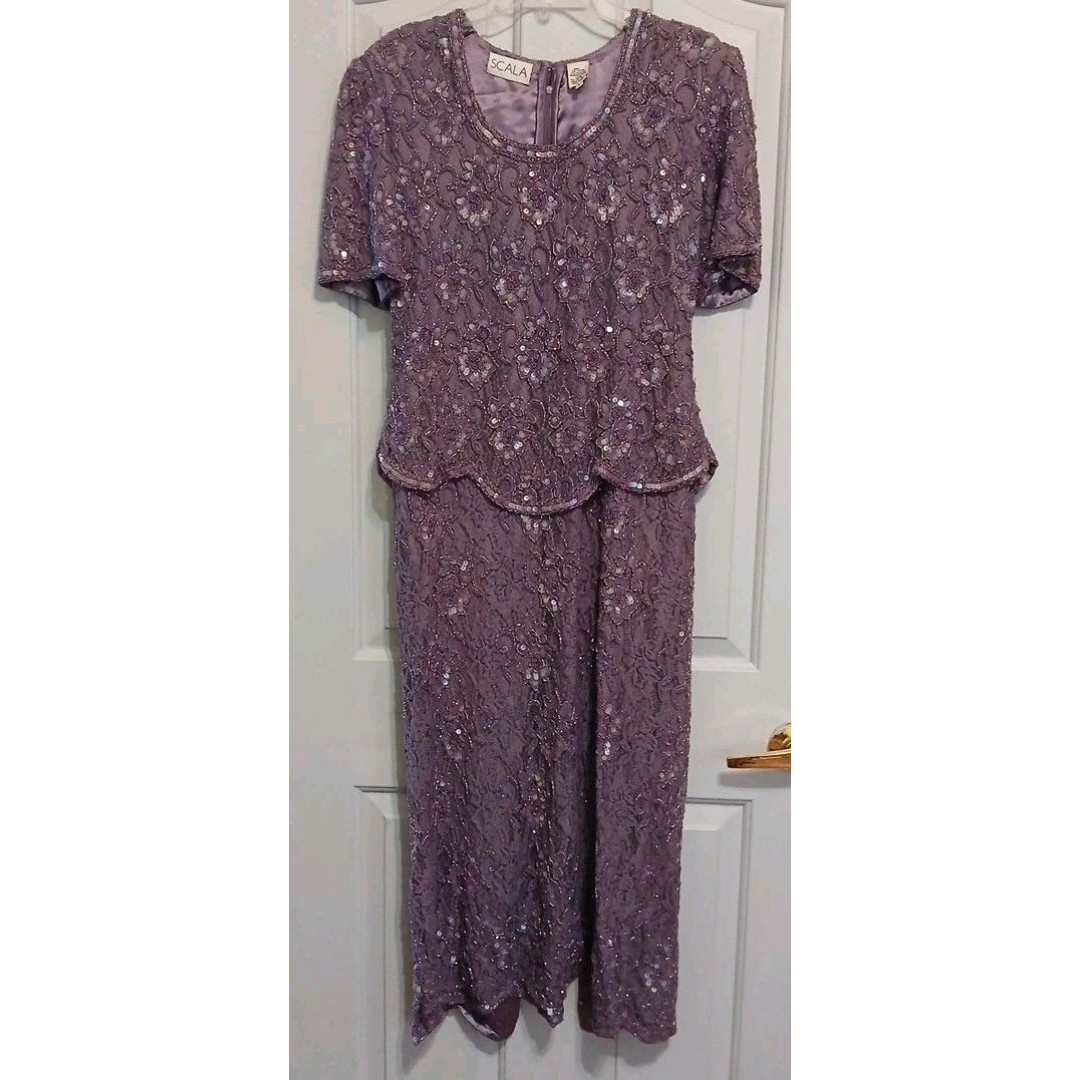 Scala Beaded Sequined Mother of the Bride Vtg Formal Midi Light Purple Dress L