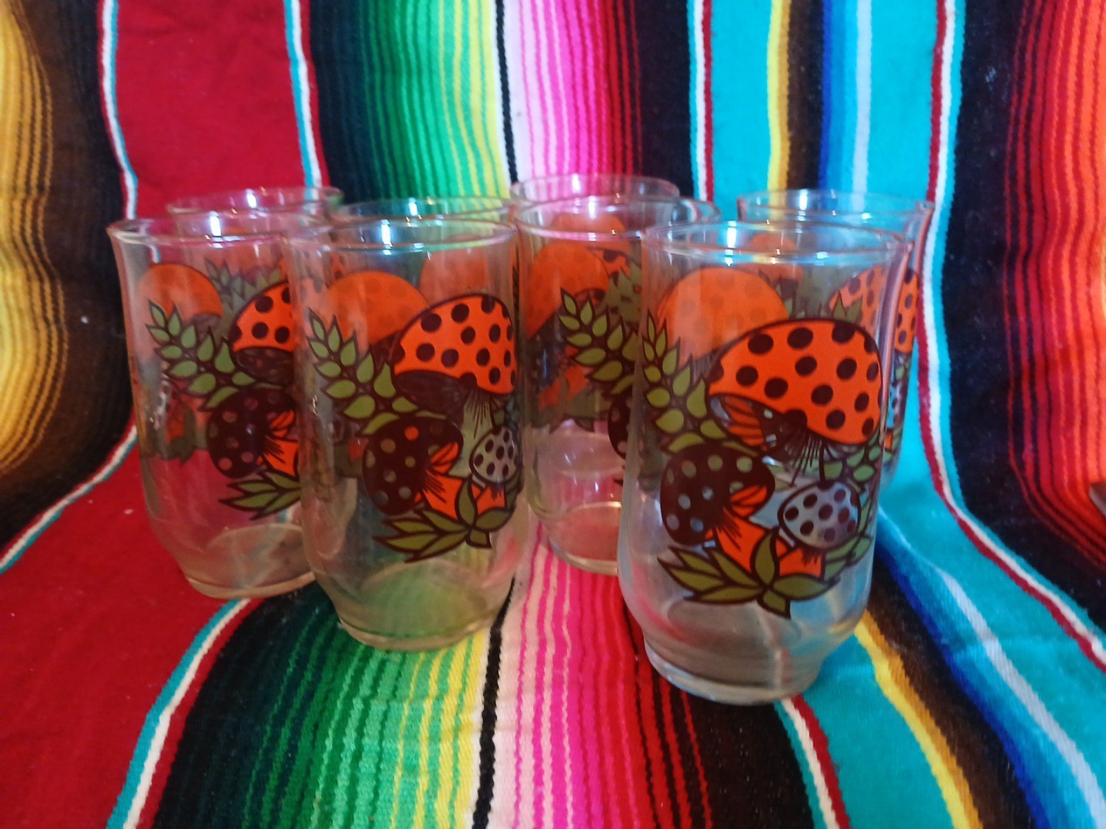 Vintage 1970s Set of 8 Sears Merry Mushroom 5in Beverage Glass Tumblers