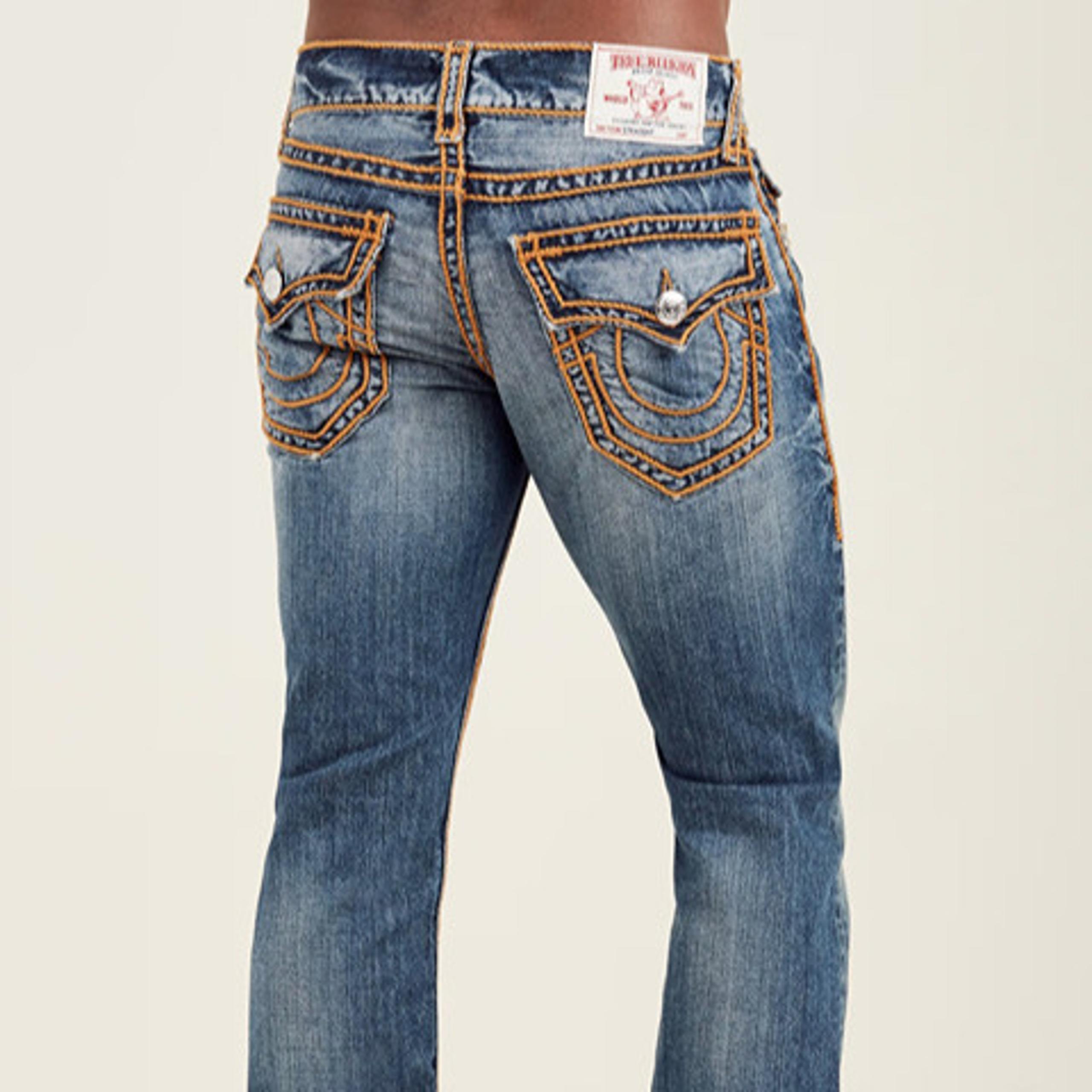 True Religion $349 Straight Flab Red Orange Stitch Jeans Zip Pocket Blue Mens 38
