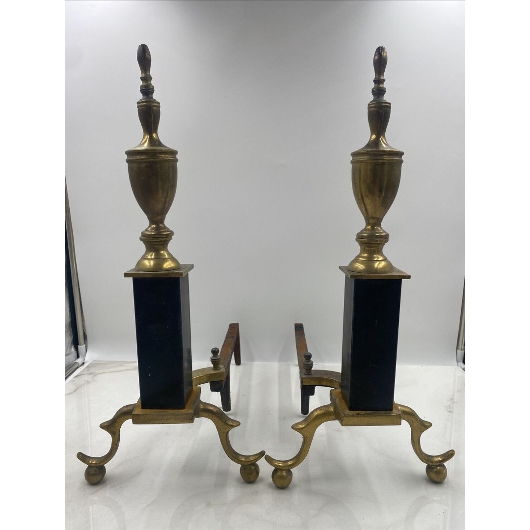 Vtg Steeple Top Brass Cast Iron Andiron Set Stamped Black Block Plinth 19.5