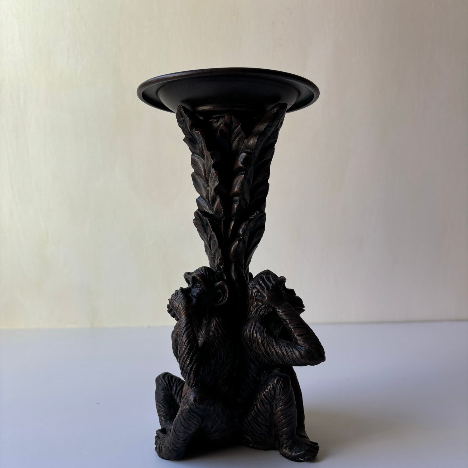3 Monkeys Hear ,Speak ,See No Evil Sitting Under Palm Tree Pillar Candle Holder