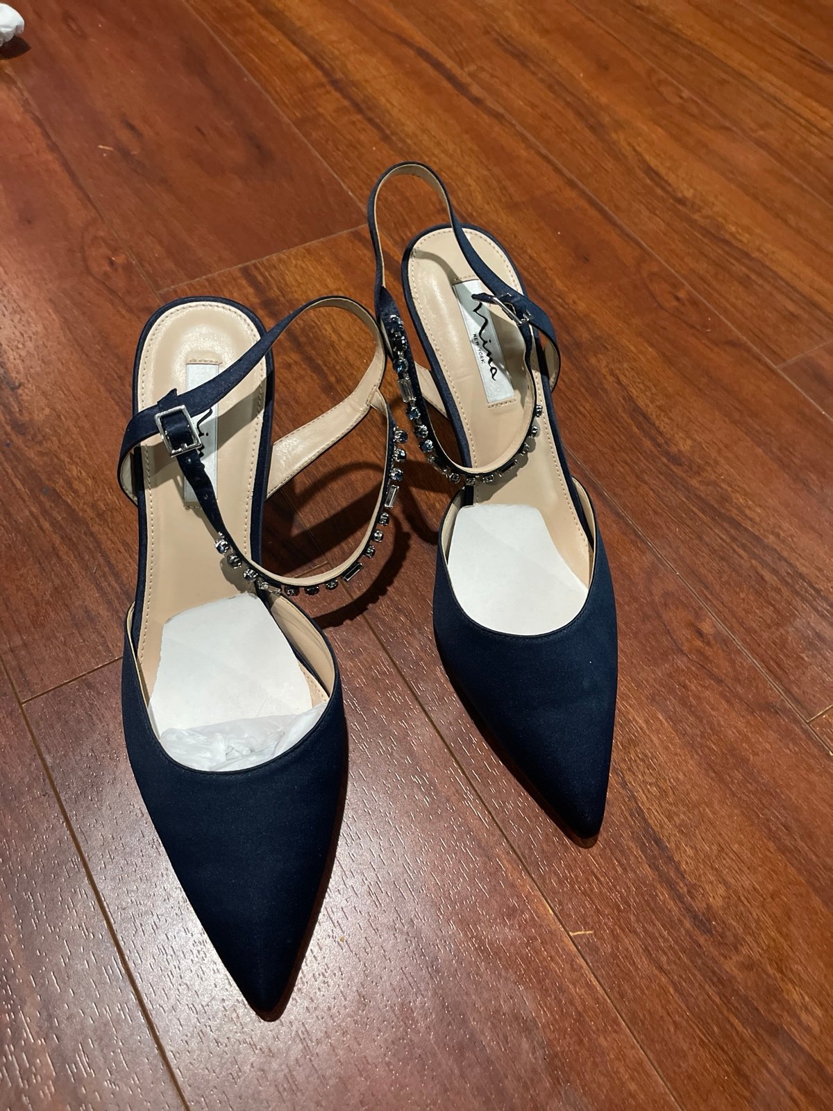 Nina Rhinestone Navy fabric sling med heel 11
