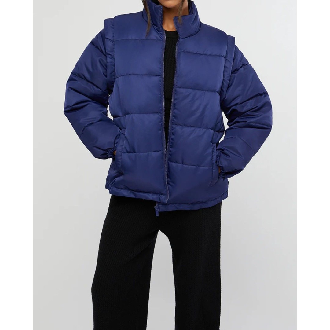 New We Wore What Zip Off Sleeve Puffer Jacket and Vest in Navy M
