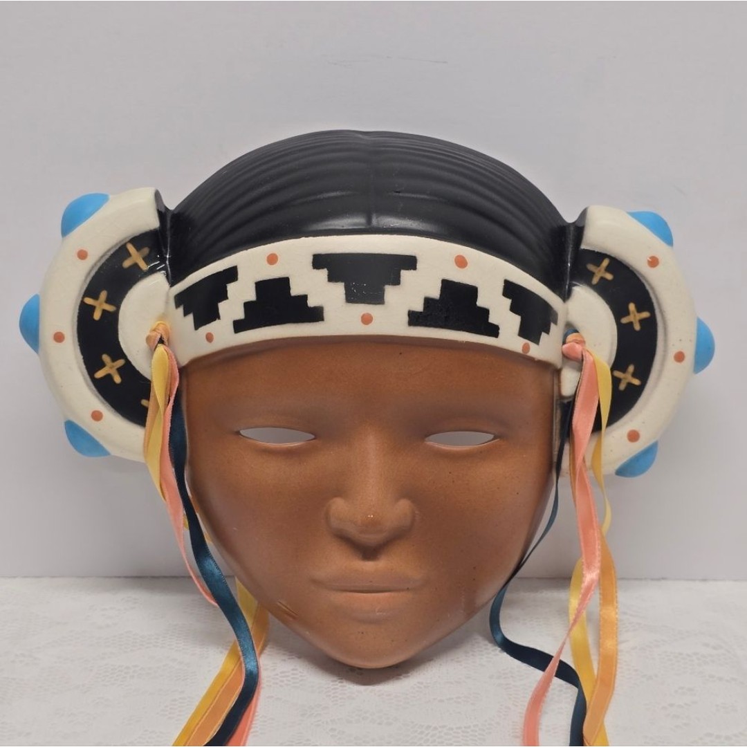 Vintage Native American Ceramic Hand Painted Glazed Female Mask Tribal Folk Art