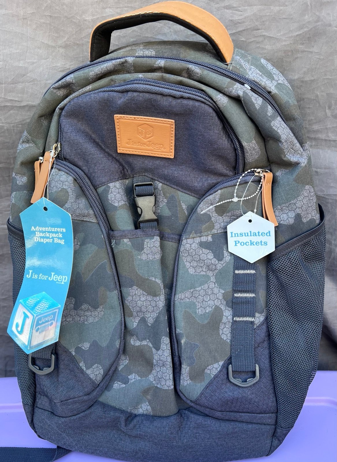 Jeep Backpack/Diaper Bag in Gray & Blue Camo Design with Leather Tabs NWT