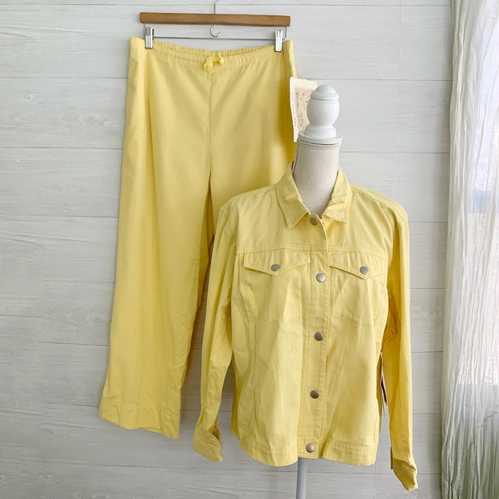 NWT C.A. Sport Creative Casual Soft yellow cotton denim jacket XL crop pants L