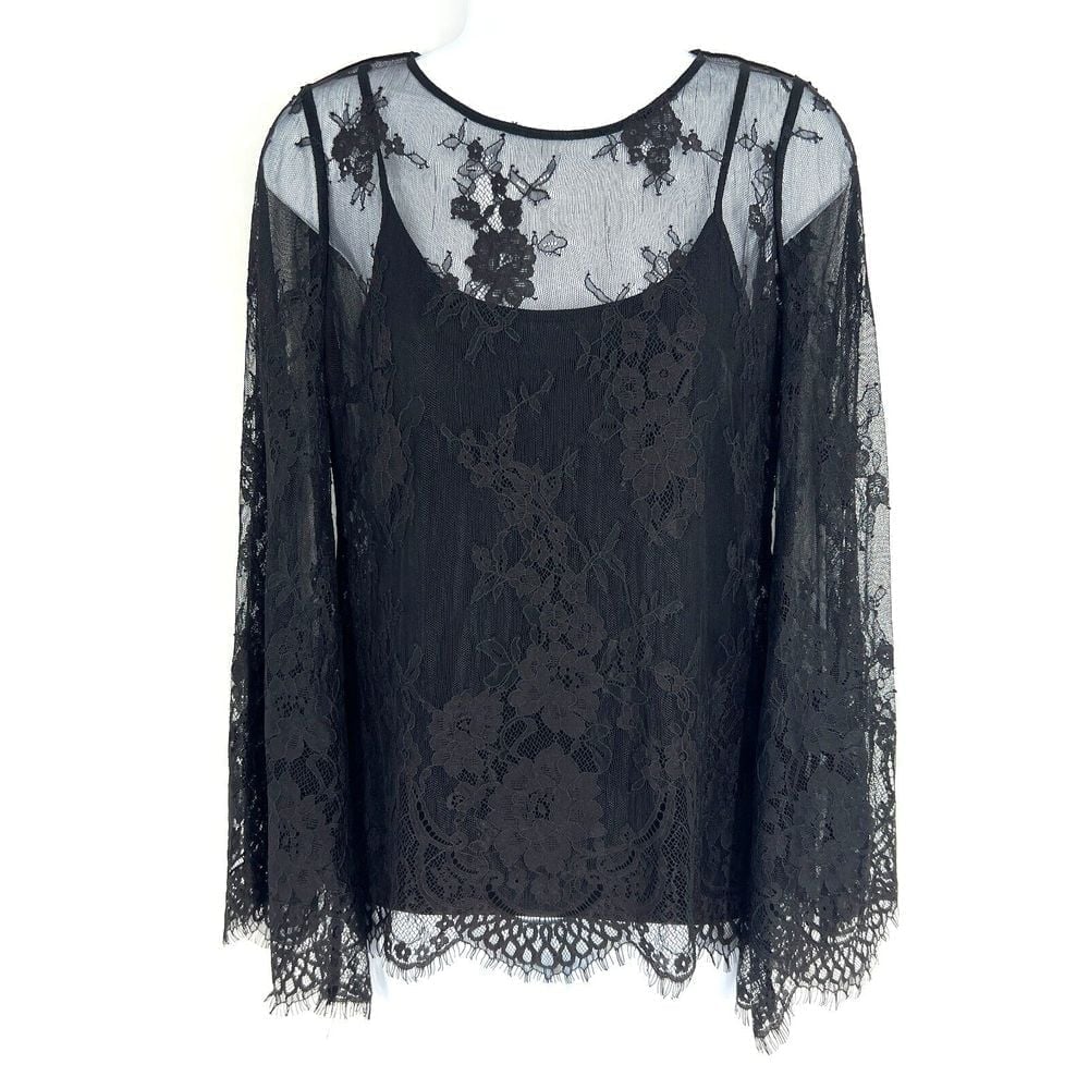 WHBM Lace Bell Sleeve Top Blouse Size XXS Black Layered Sheer Lined Camisole