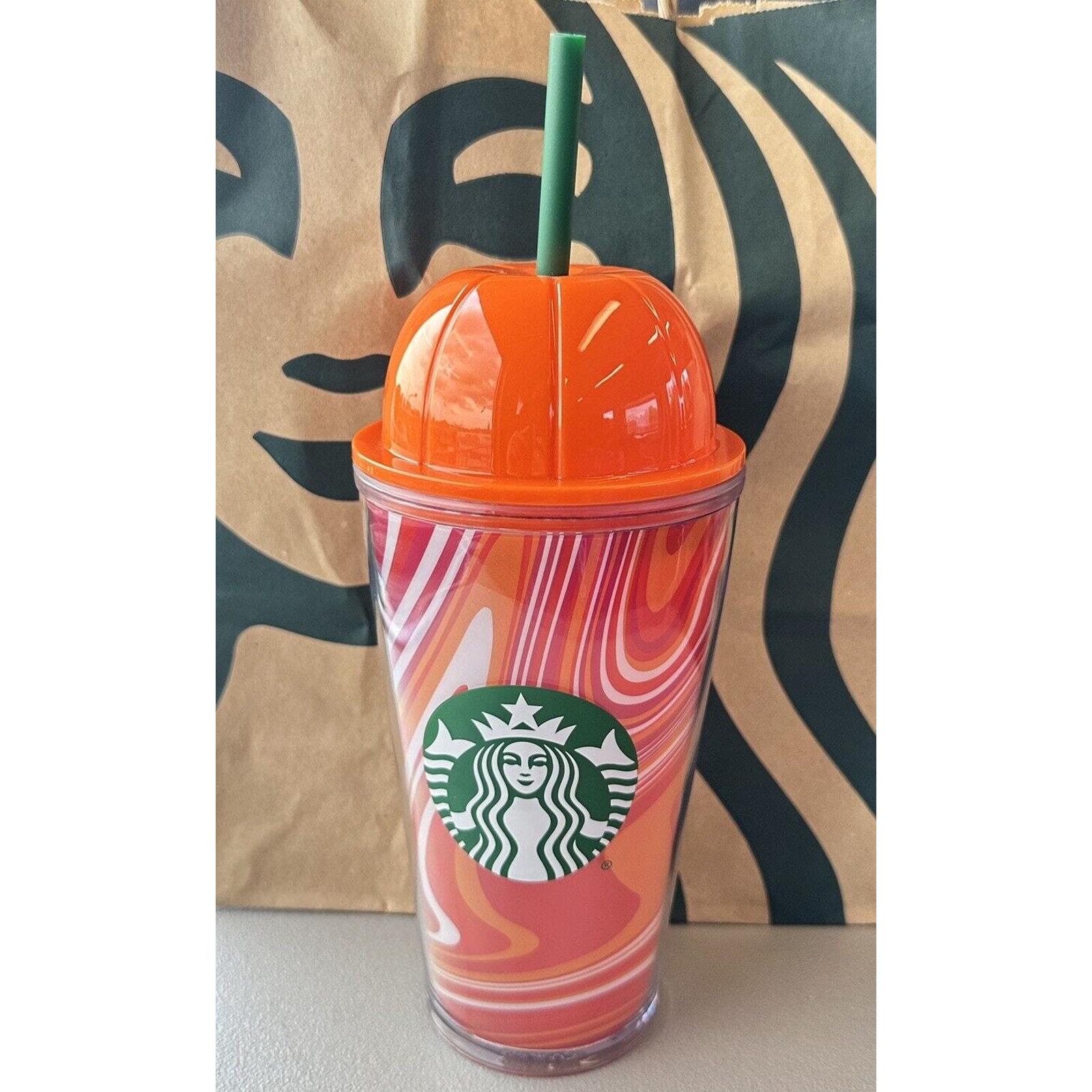 Starbucks Cold Cup PSL w/ Lid Pumpkin Spice Latte Orange Reusable Straw Tumbler