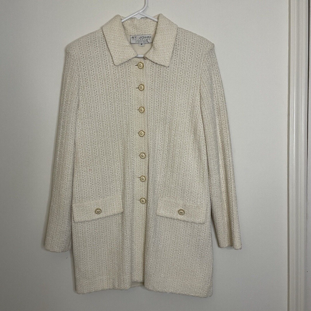 St John Collection Tweed Jacket Size Medium Button Knit Ivory USA Shoulder Pads