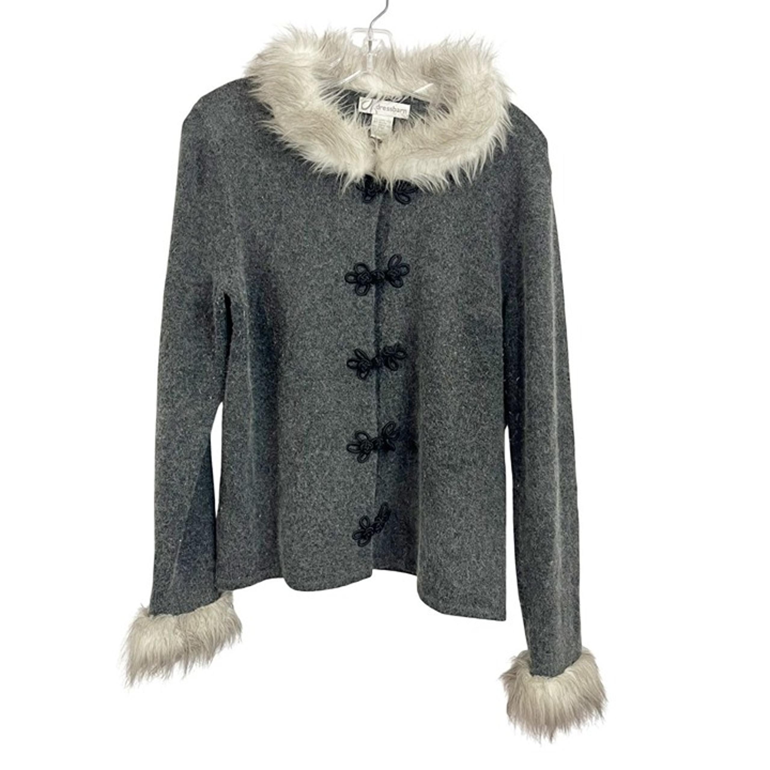 Dressbarn Gray Lambswool Button Front Cardigan Faux Fur Trim Penny Lane LARGE