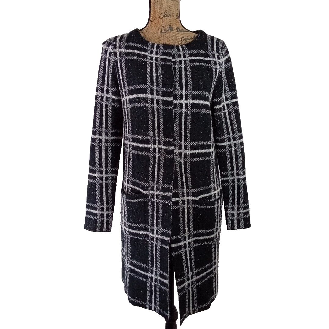 Sanctuary Sweater Jacket XS Black White Plaid Crafted Tailored Snap Front Pocket