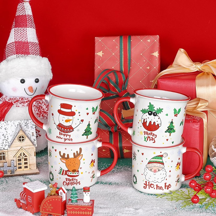 YHRJWN Christmas Mugs Set of 4, Christmas Coffee Mugs with Festive Design, Merry