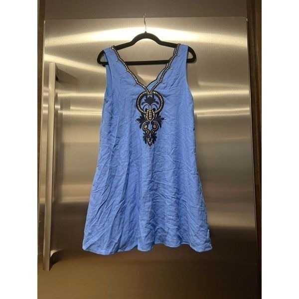 Lilly Pulitzer Owen Tunic Trapeze Swing Dress Beckon Blue Gold Beading small
