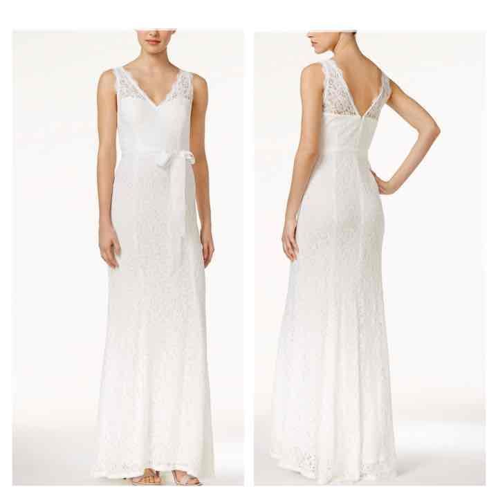 Adrianna Papell Lace V-Neck Sash Gown
