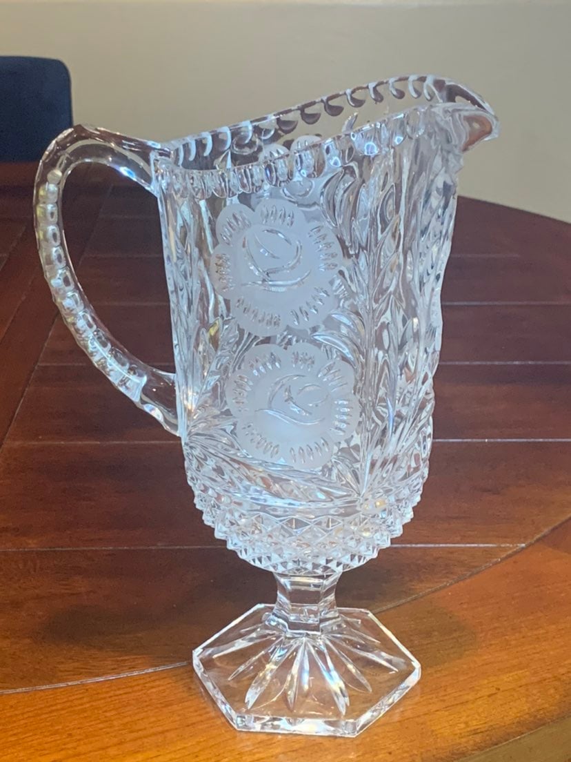 Bleikristall Lead Glass Crystal Footed Pitcher Frosted Roses Hand Cut Vintage