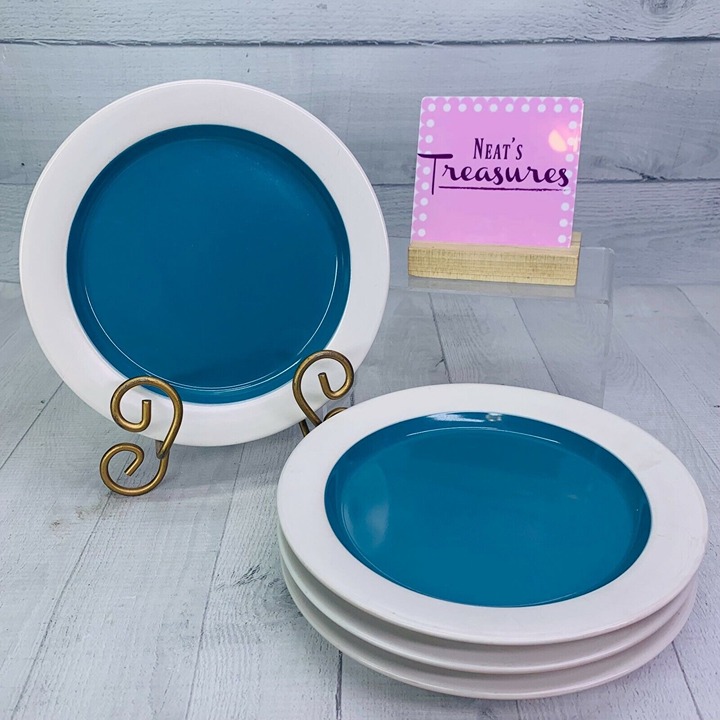 Pfaltzgraff HUDSON TURQUOISE Stoneware White Rim Salad Lunch Plates Set of 4