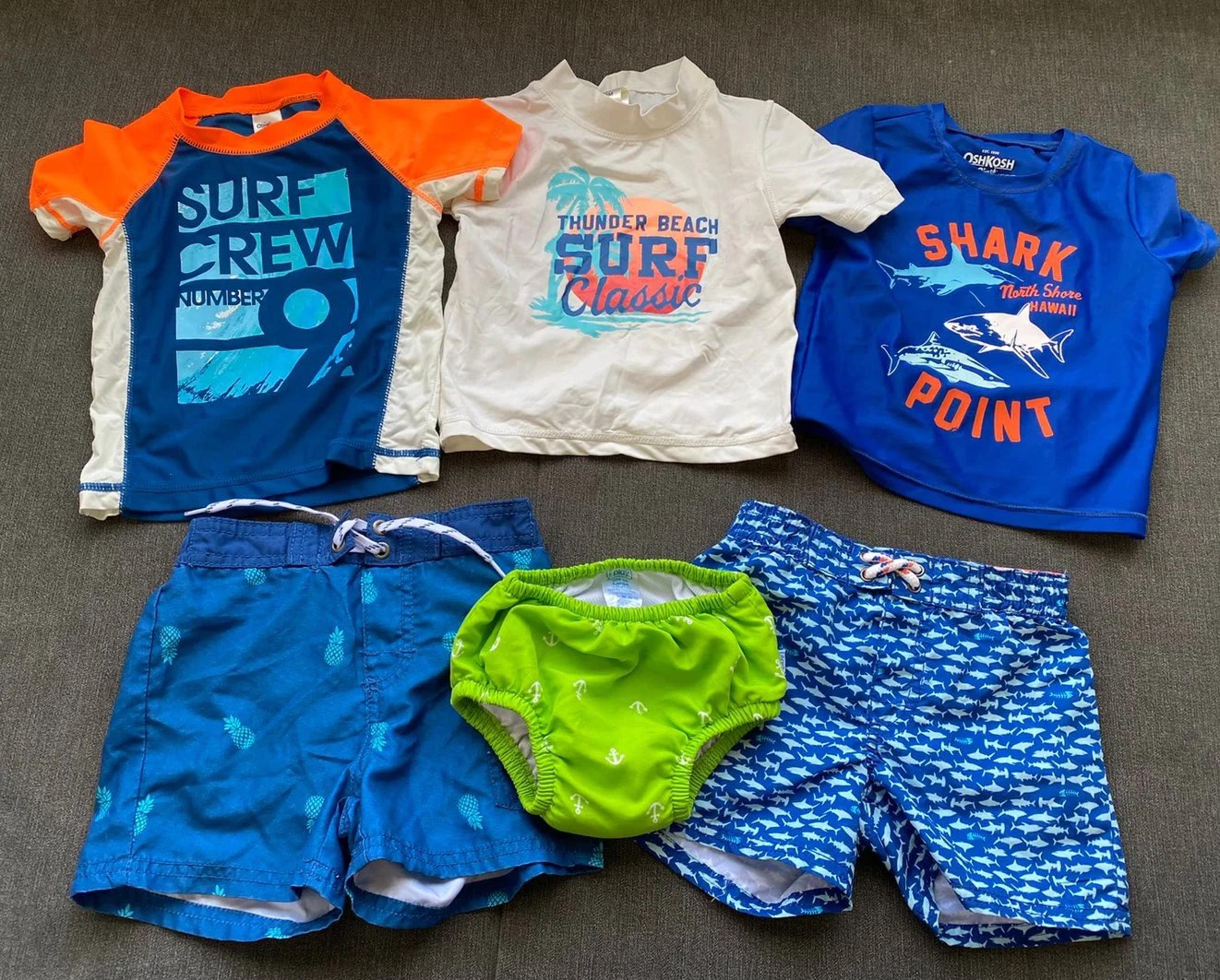 Set of 18 month Osh Kosh swim trunks matching rash guards with swim diaper