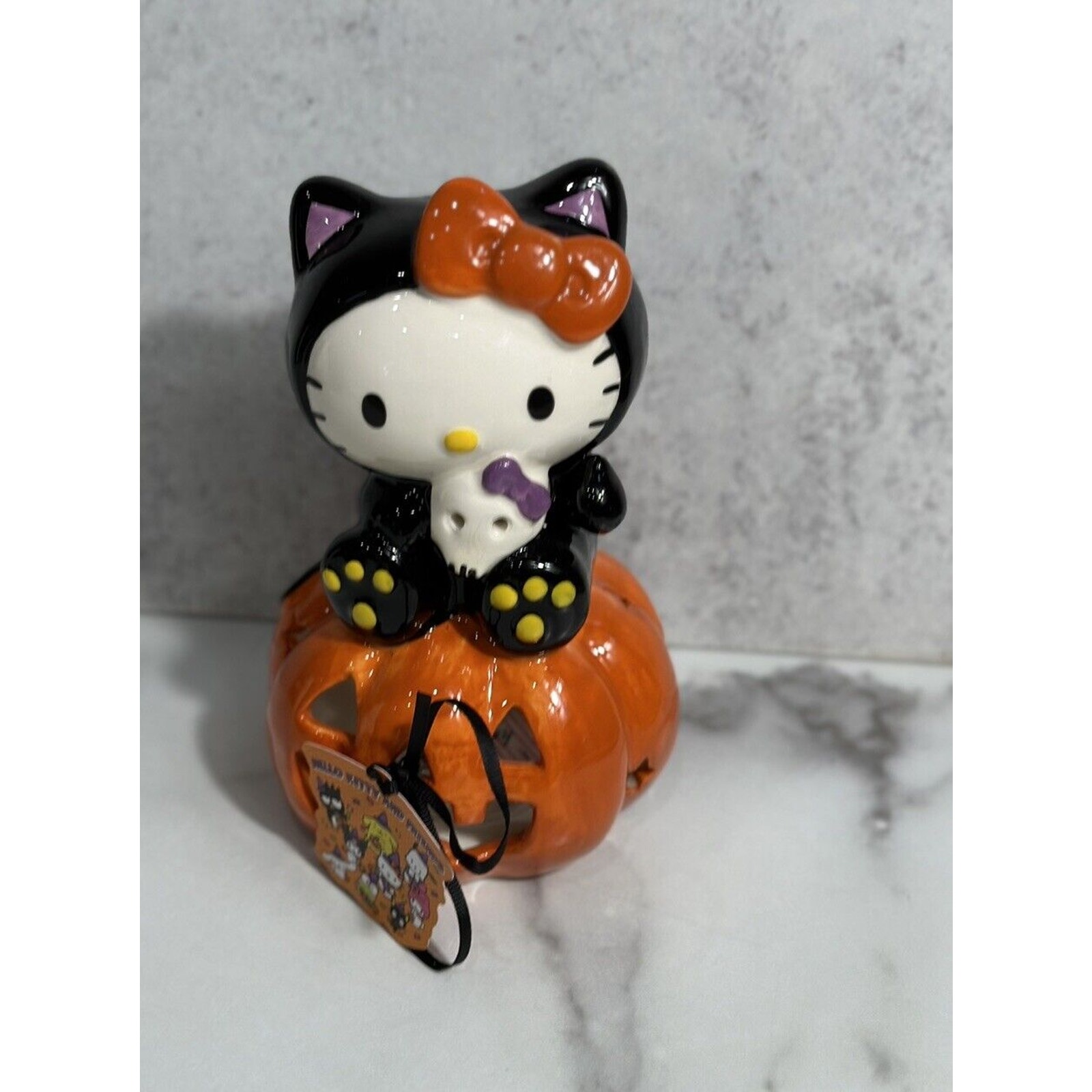 Hello Kitty By Blue Sky Halloween Pumpkin Ceramic Tealight Holder Black Cat NW