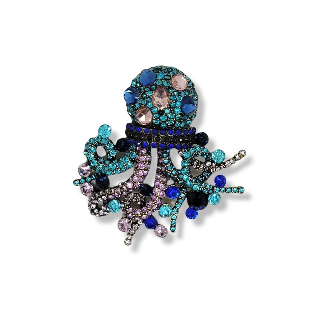 Fancy Antiqued Goldtone, Round Blue Black Pink Crystal Octopus Brooch Pendant