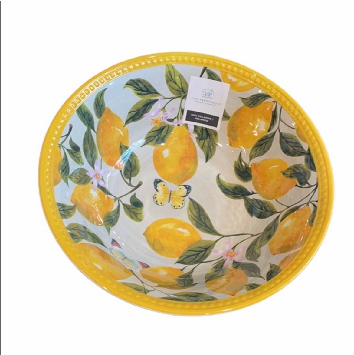 Farmhouse Rachel Ashwell Lemon Print Melamine Serving Bowl 11” Dia butterflies
