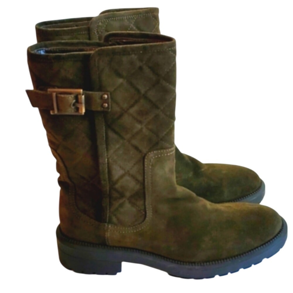 Suede Quilted Moto Boots Olive Green Buckle Accent Mid Calf Size