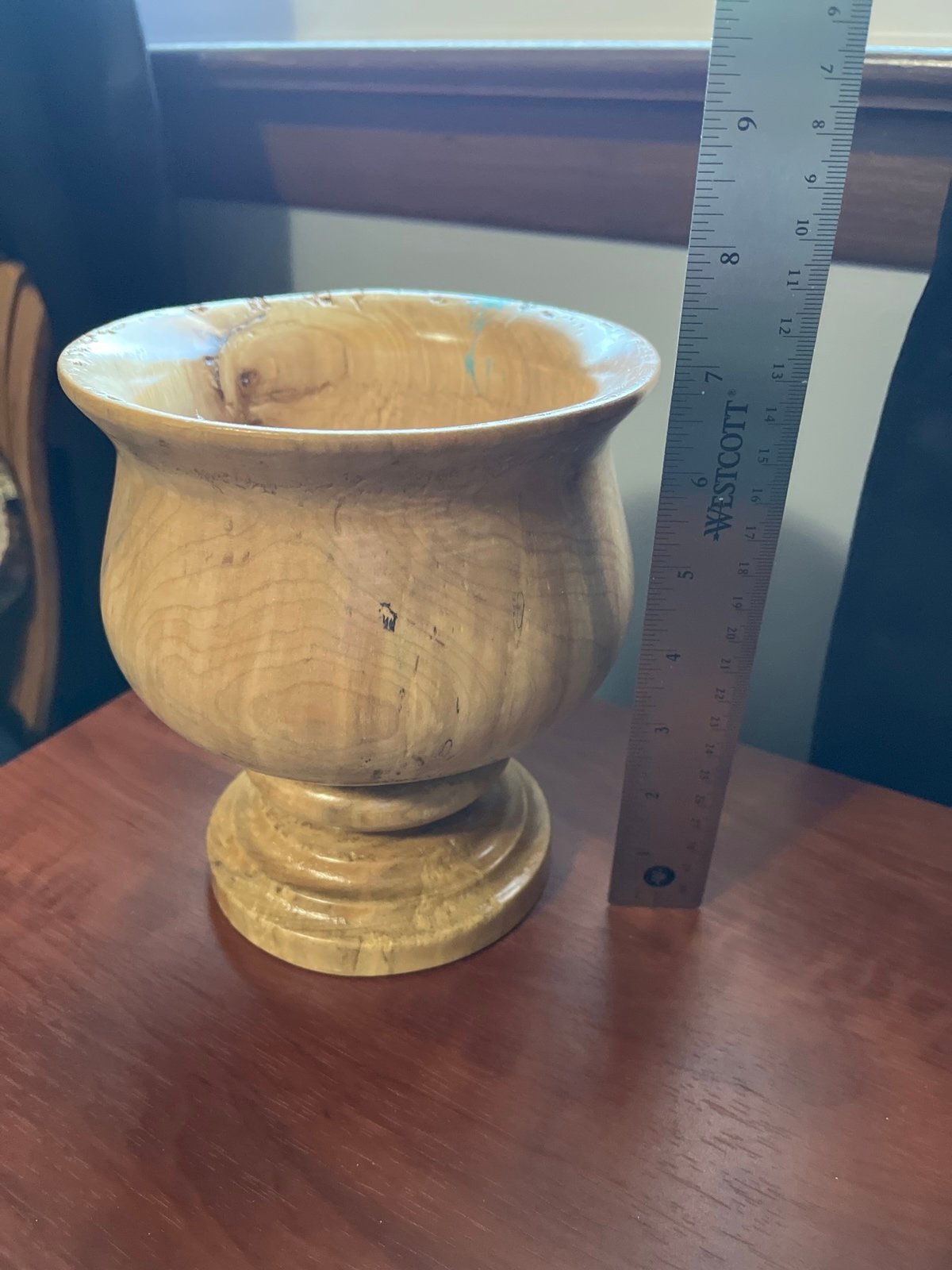Hand turned solid wood pedestal bowl signed and dated by artist