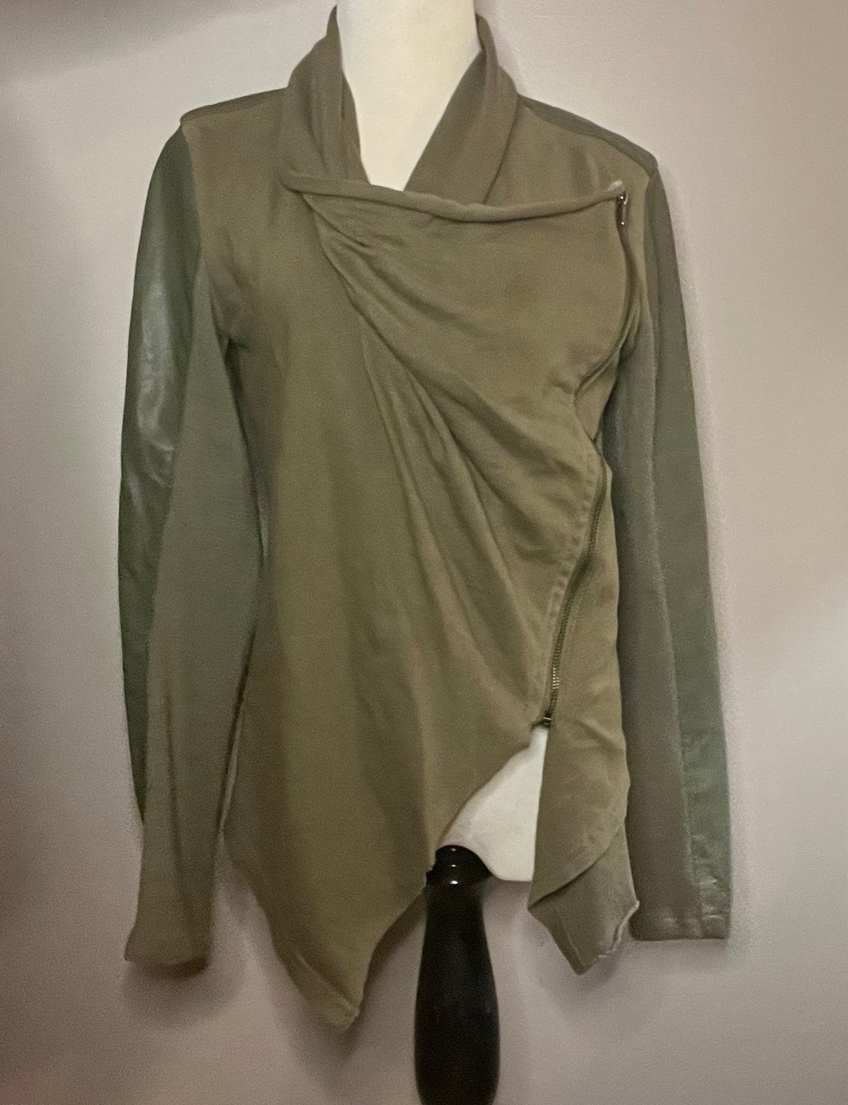 BLANKNYC olive faux leather & rib knit asymmetrical zip moto jacket Size Med