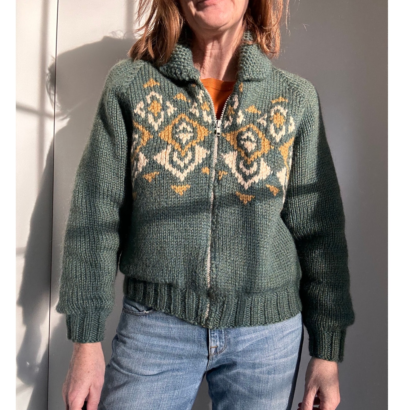 Vintage 1950s Wool Sweater Cardigan Cowichan Style Handknit Size Small 4-6 Fit