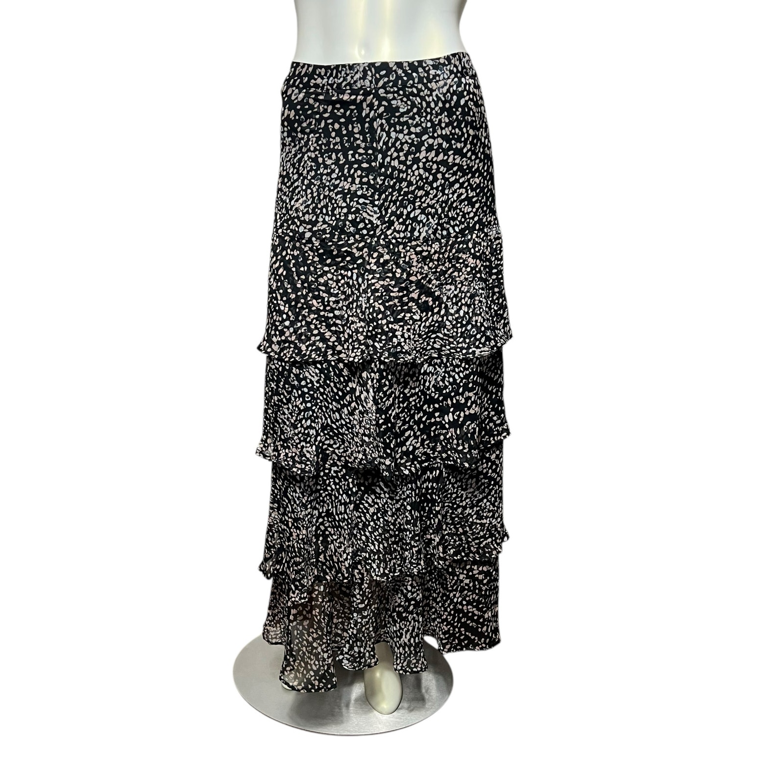 H&M Black Blush Spotted Leopard Print Tiered Ruffle Maxi Skirt Size 8 Boho Chic