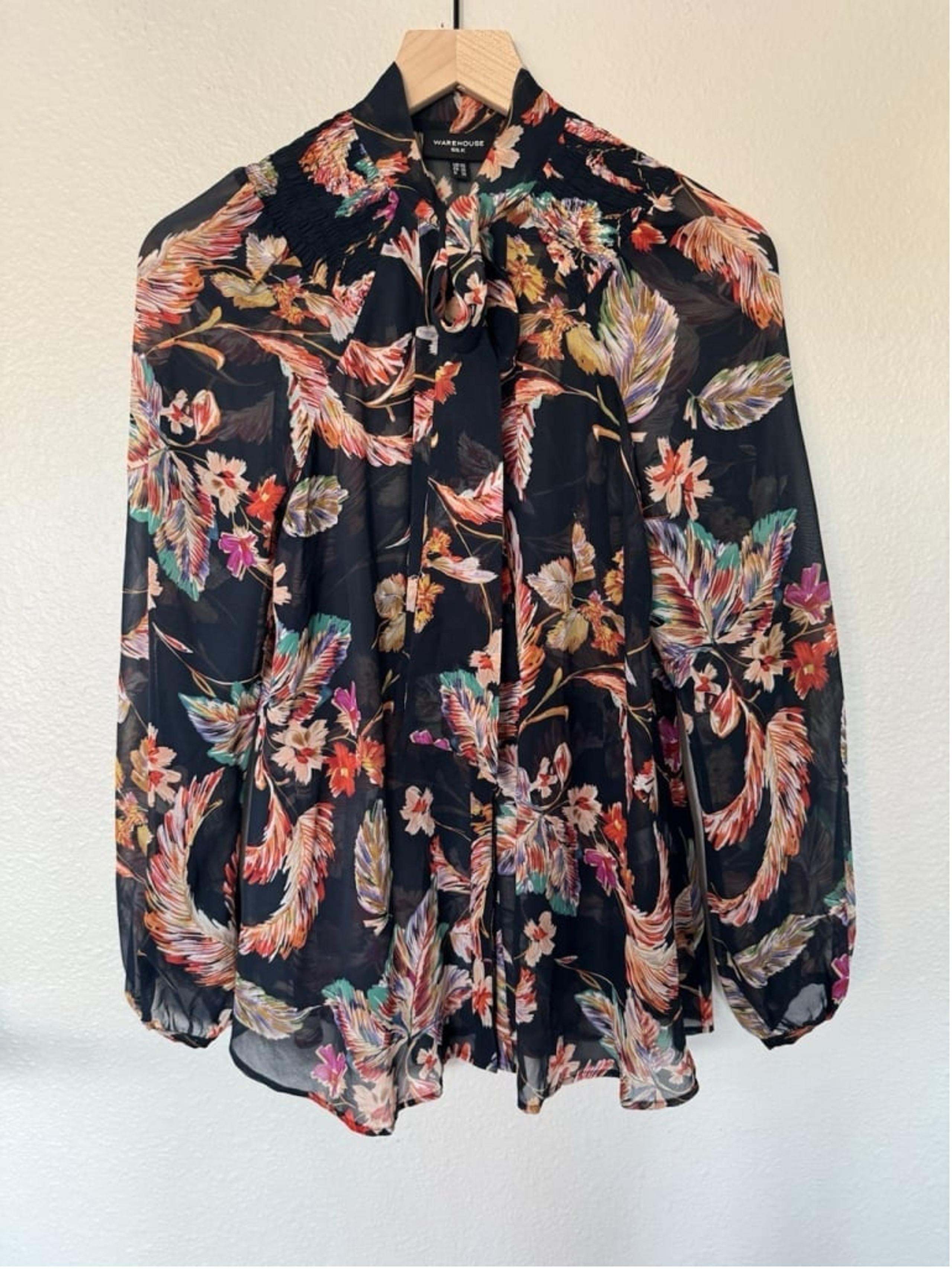 Warehouse 100% Silk Black Floral Garden Long Sleeve Blouse Top Size 10
