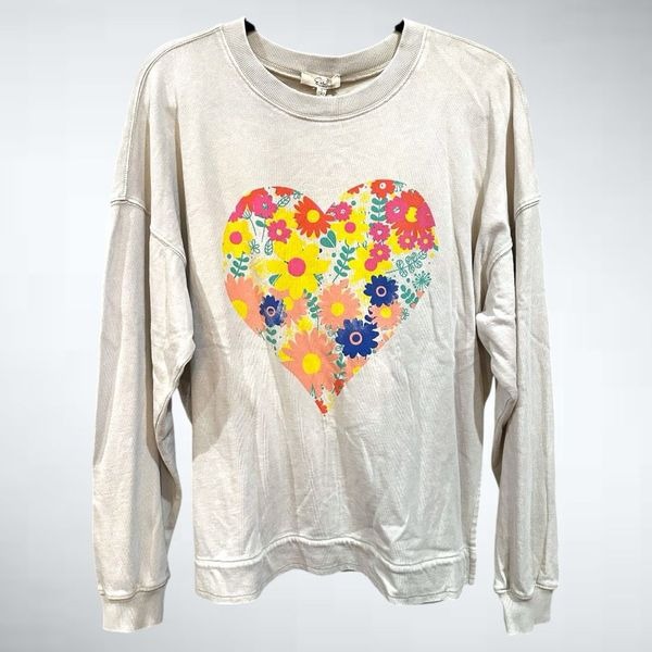 Size S Easel Los Angeles 100% Cotton Floral Heart Sweatshirt in Khaki