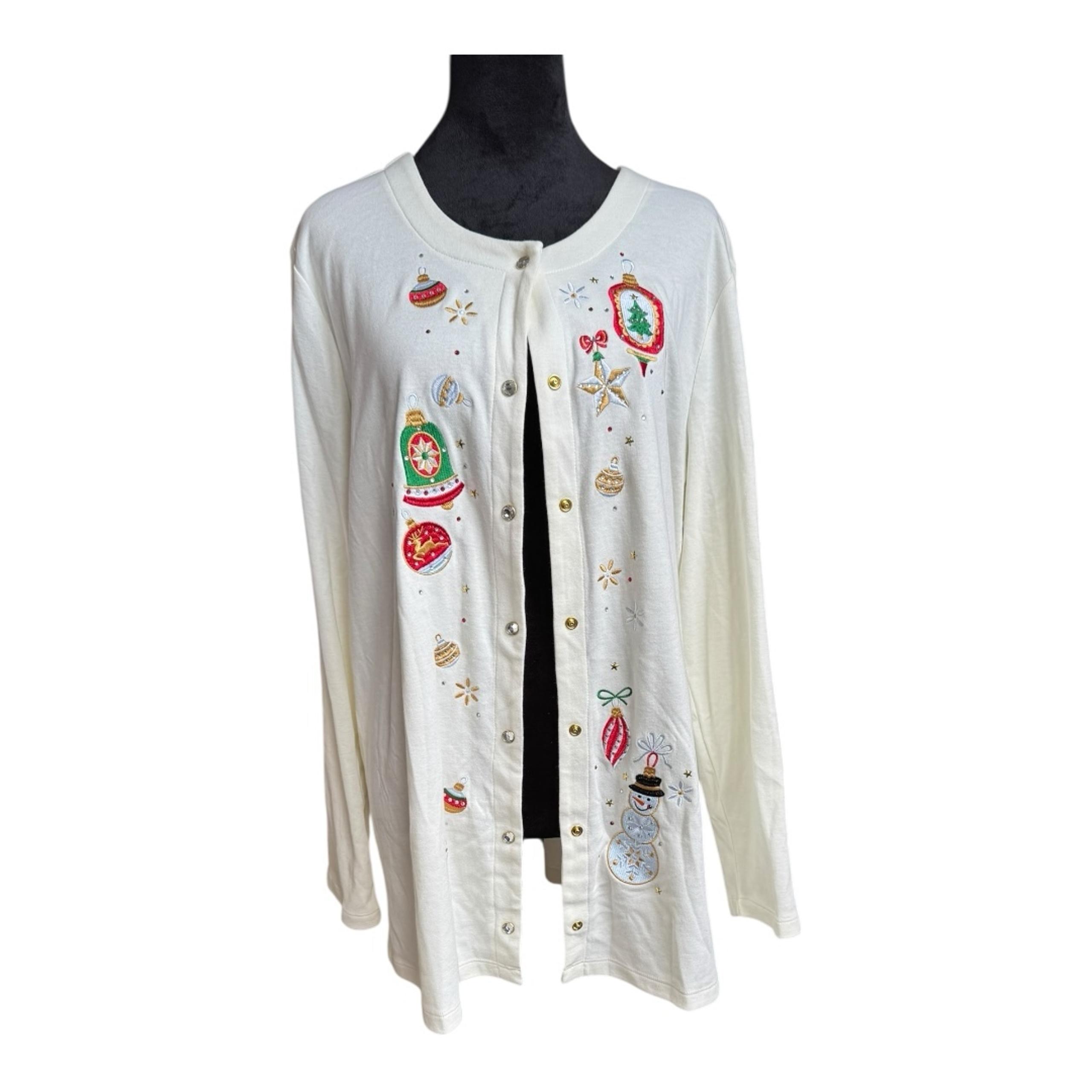 QVC Quacker Factory Embroidered Christmas Holiday themed cardigan lightweight XL