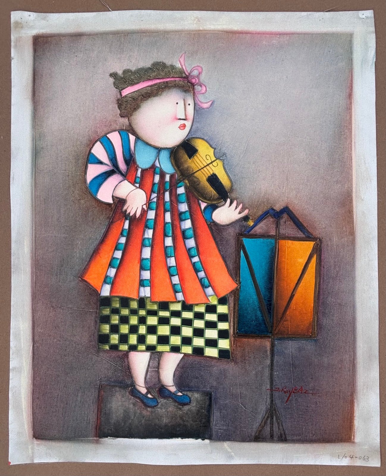 Whimsical Violin- Vtg Original Hand Painted & Signed 16x20 Canvas 1970-1980’s