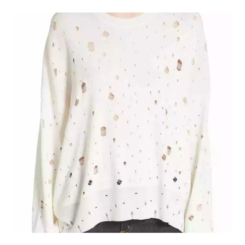 T by Alexander Wang white distressed sweater hole detail casual slouchy fit SZ L
