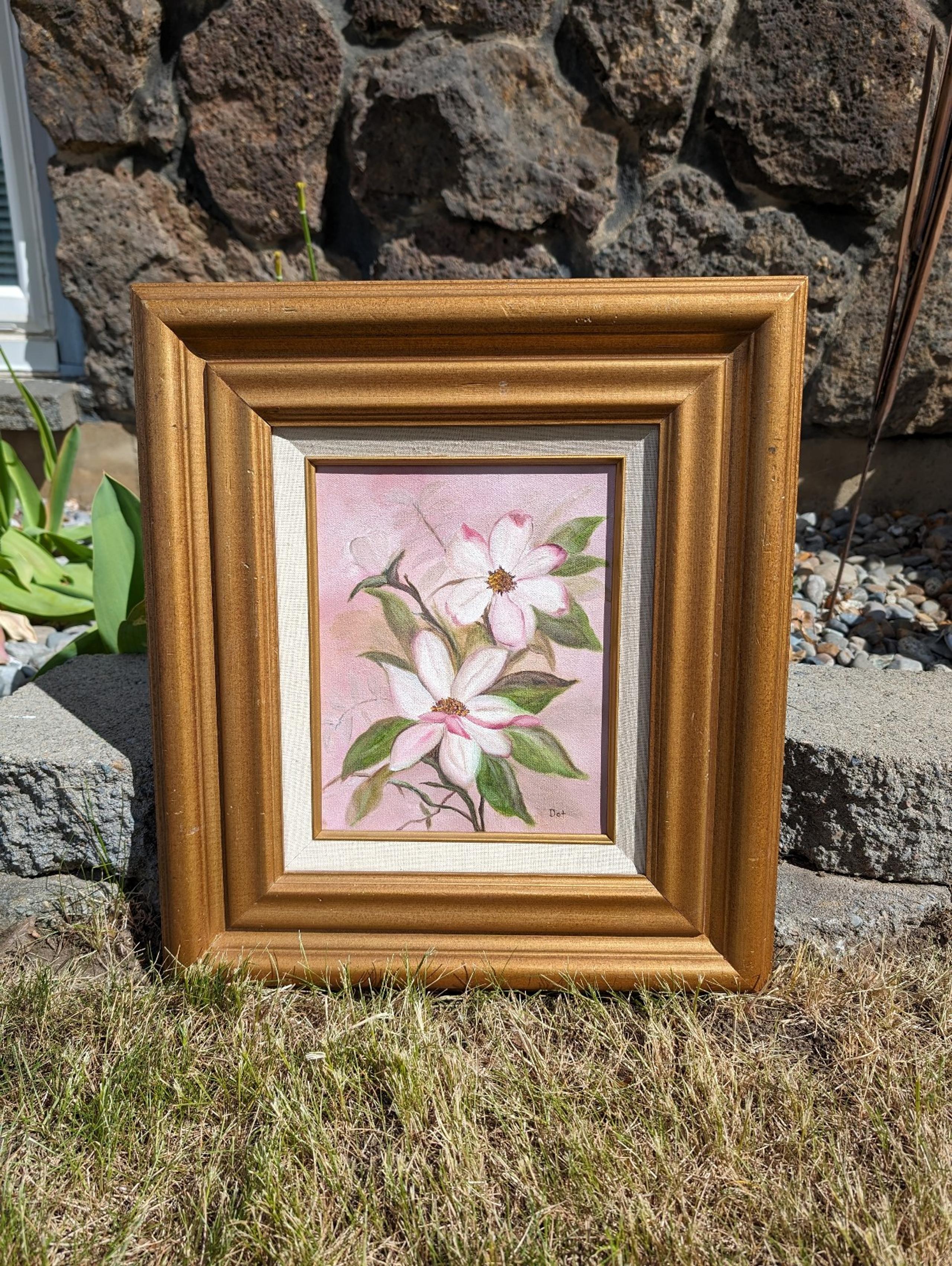 Vintage Original Floral Oil Painting Magnolia? in Chunky Gold Frame - Signed