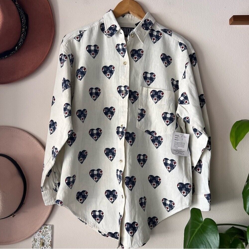 VINTAGE QUIZZ heart patchwork denim button down Women's SIZE SMALL cottagecore