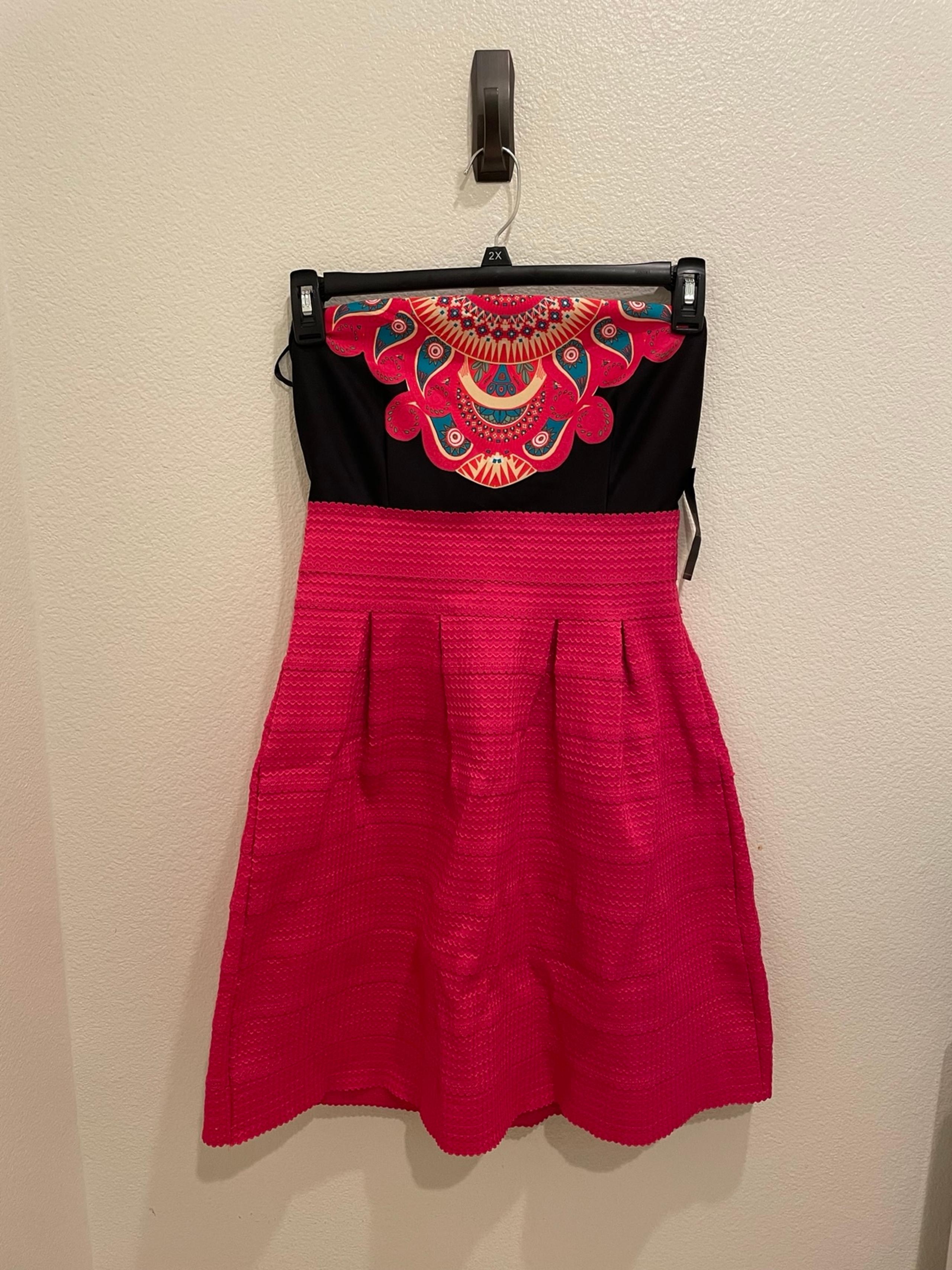 New York & Company dress womens M pink scalloped strapless mini pleated paisley