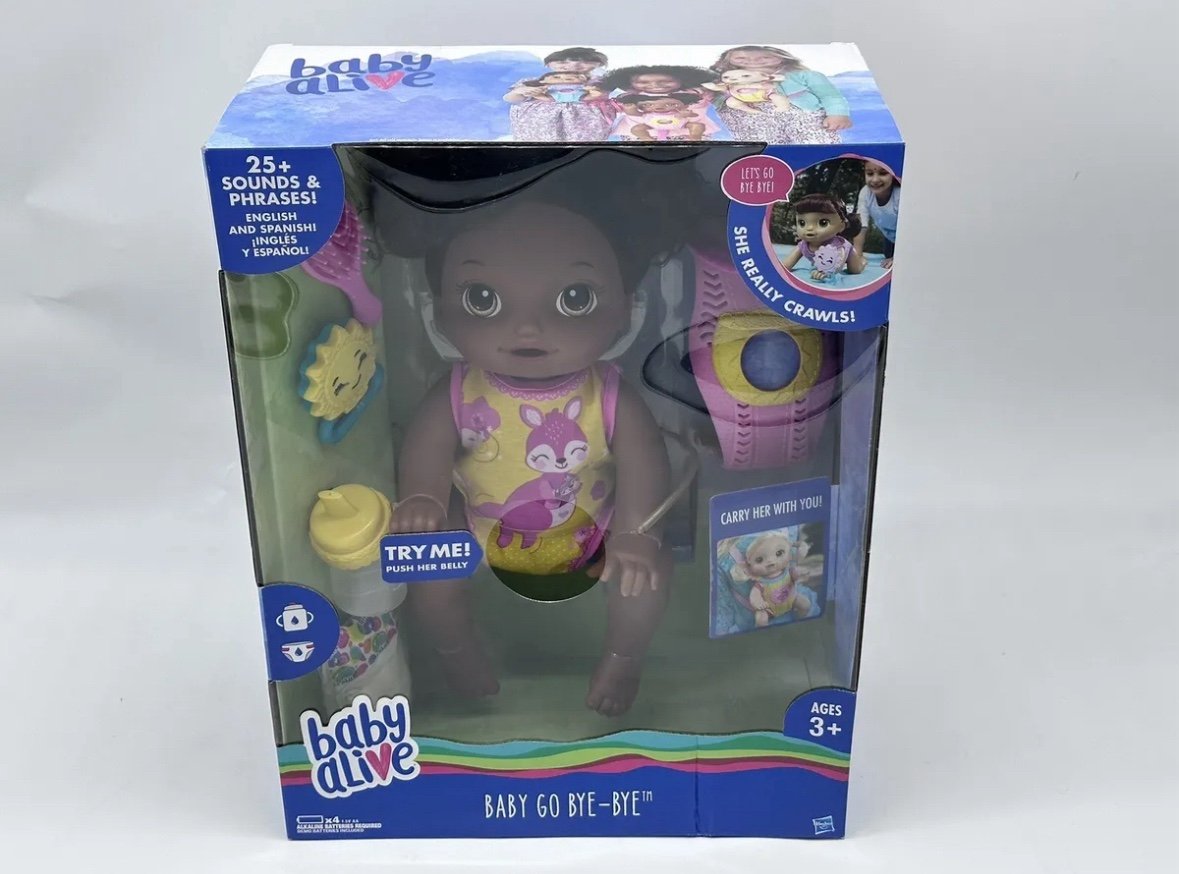 Baby Alive Baby Go Bye Bye Doll Dark Brown Curly Hair African American 2016