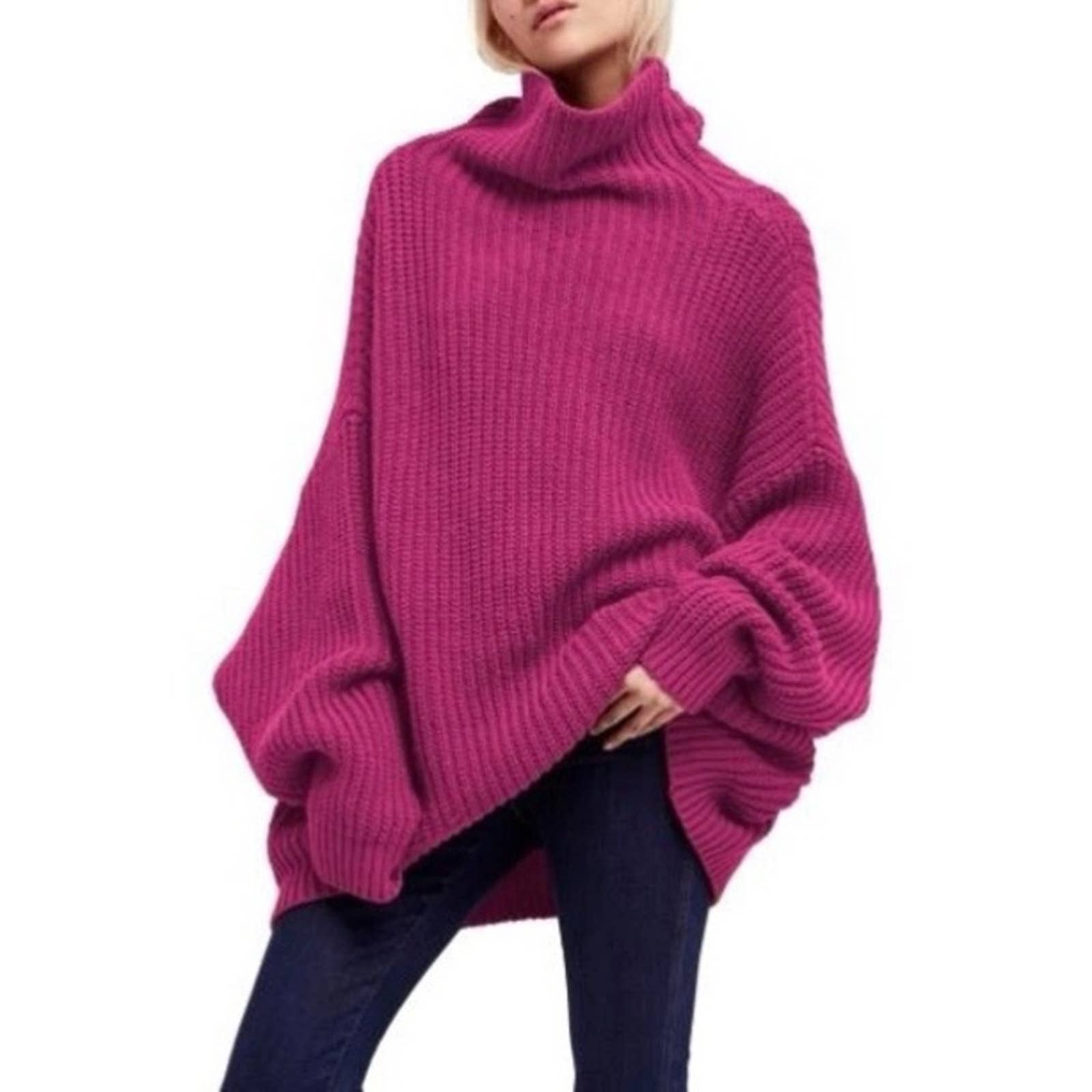 Free People Swim Too Deep Magenta Pink Oversized Drop Shoulder Sweater Sz Small