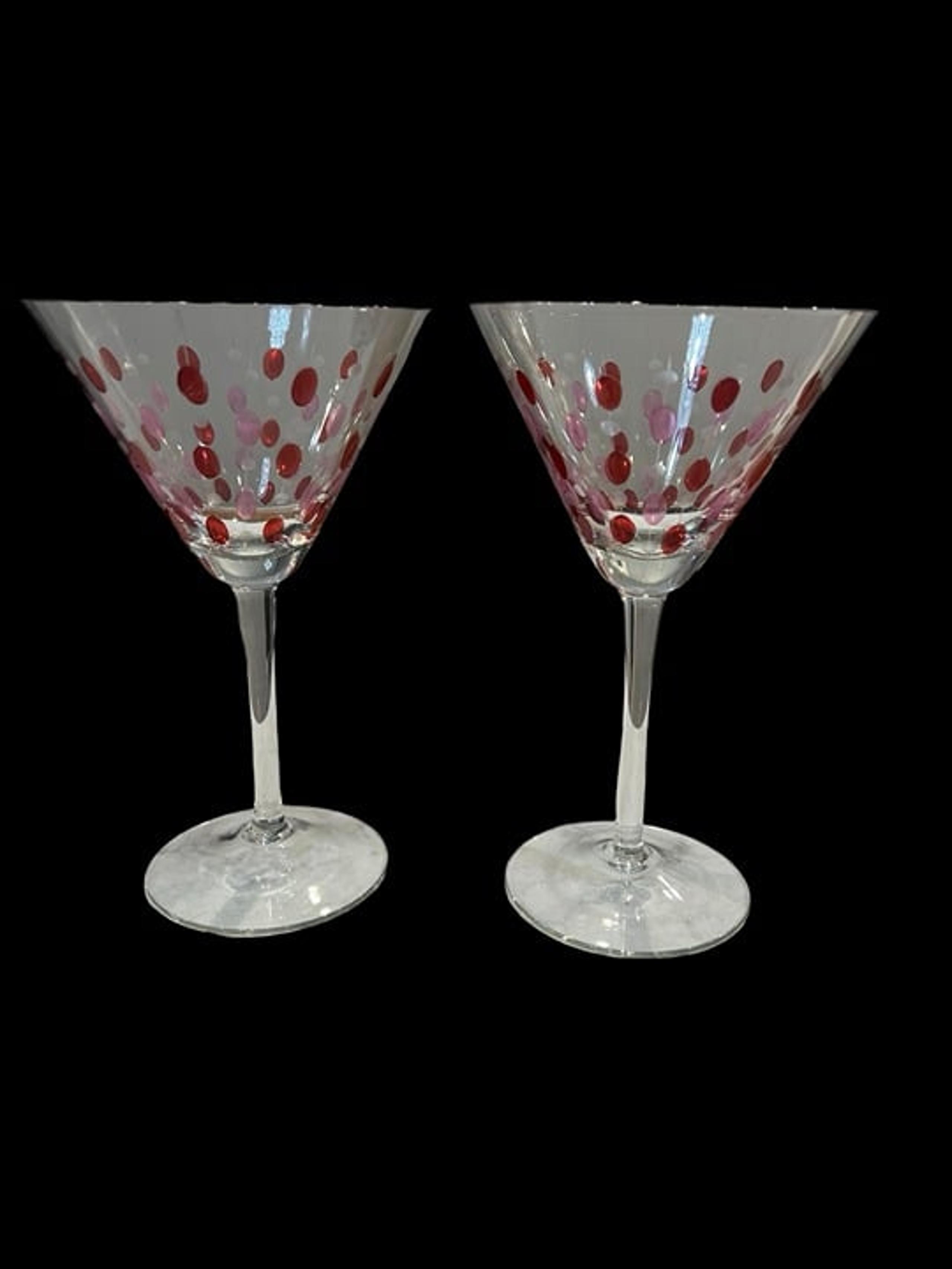 Crystal Martini Glasses Red Pink Polka Dots - One Set of 2 - Two sets available