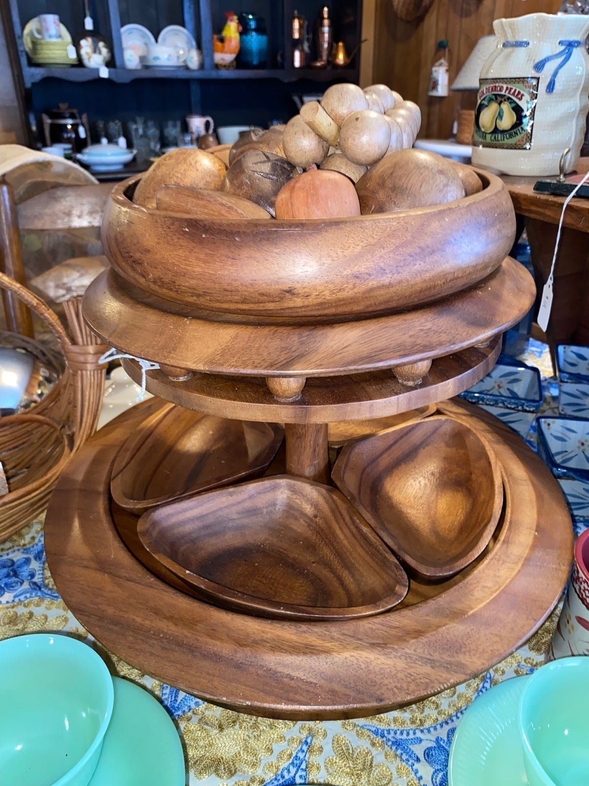 Vintage Teak Wood Lazy Susan with Fruit