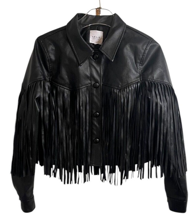 LE LIS Women's Black Faux Leather Fringe Moto Jacket SIZE-MEDIUM