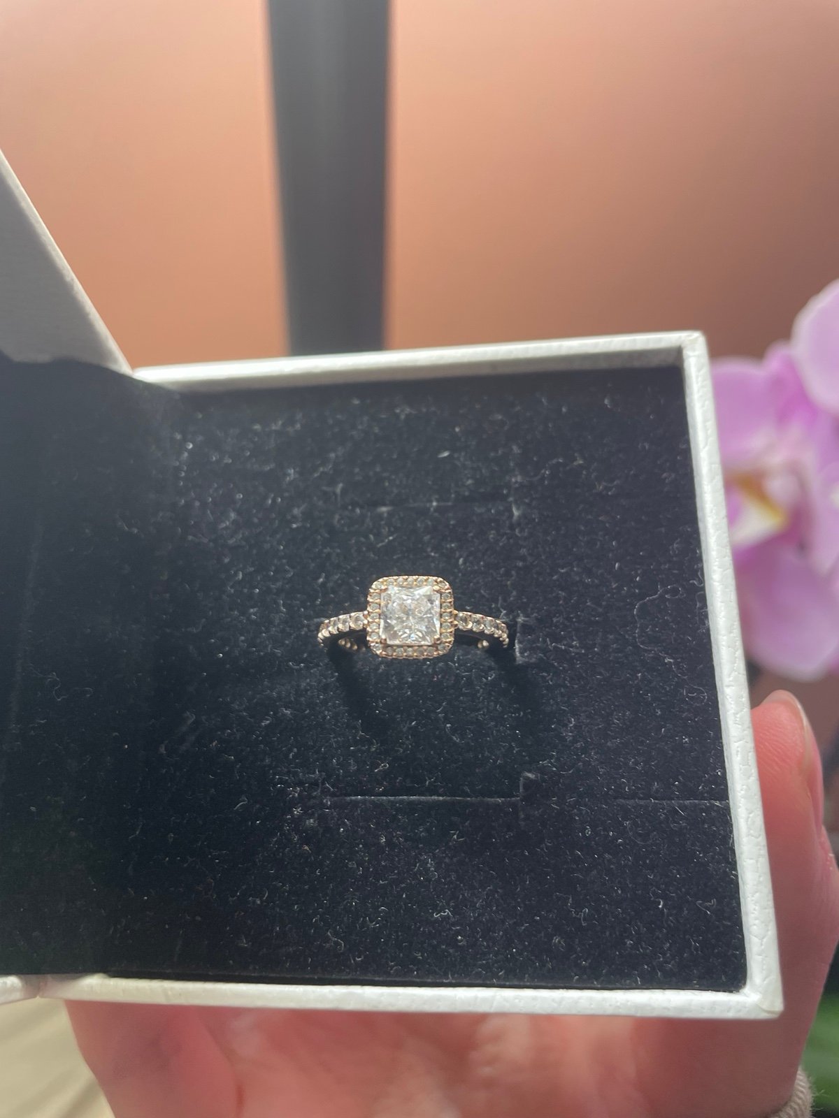 Pandora rose gold square sparkle halo ring